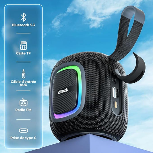 RIENOK Enceinte Bluetooth Portable, Haut Parleur Puissant Lumineuse avec Bluetooth 5.3, Autonomie 15H, 1800mAh, Radio FM, Port Clé USB, AUX, TF Carte, pour Soirées Plage Randonnées Voyage, Noir